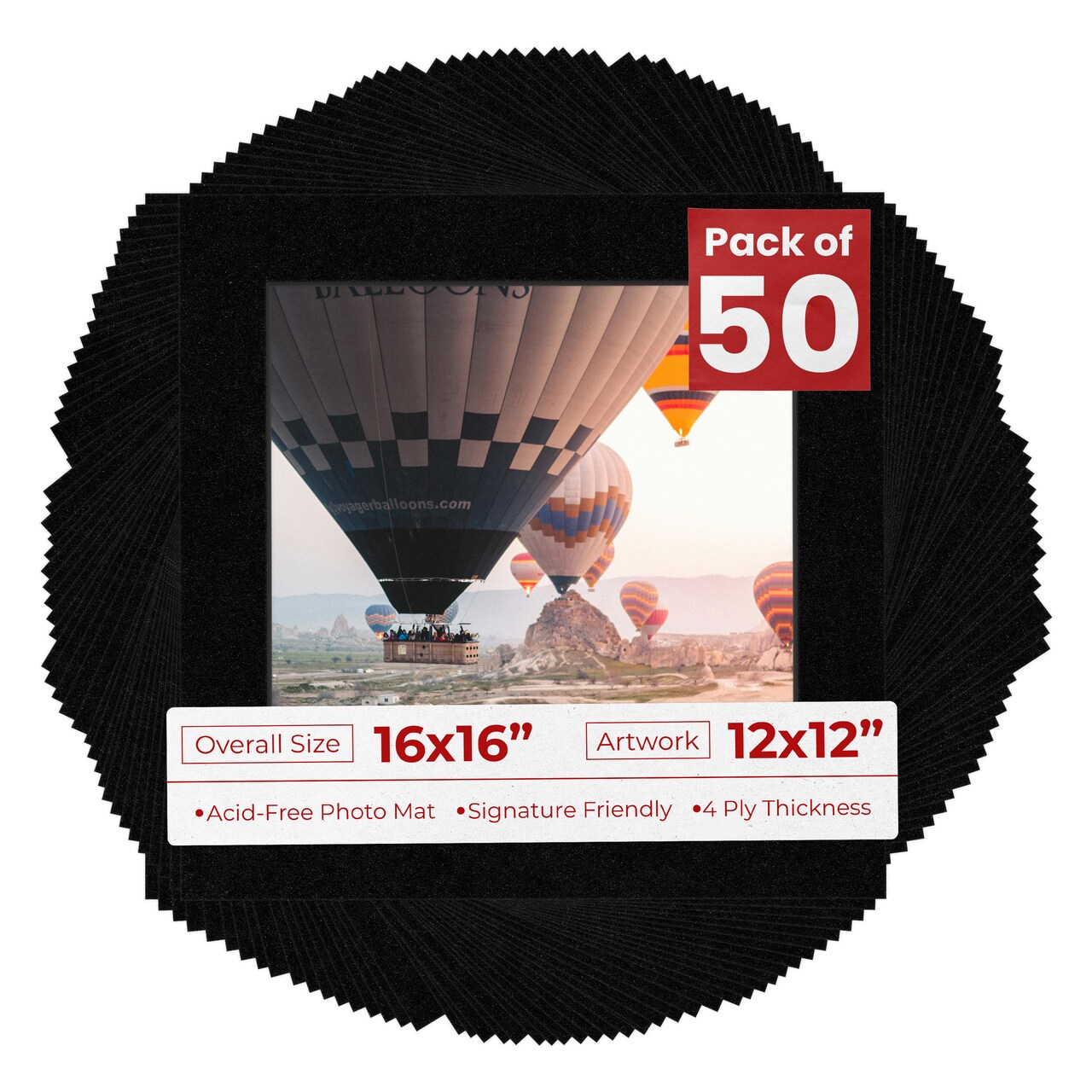 Black with Black Core Mat Board for 16x16 Frames - Fits 12x12 Photos